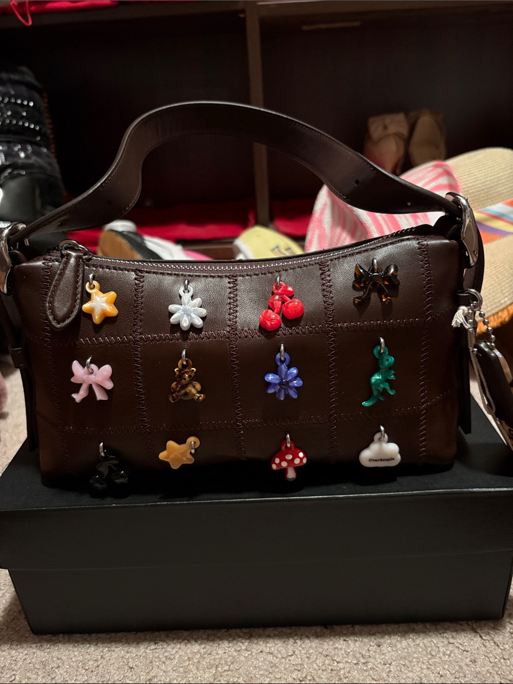 Brown Leather Shoulder Bag with Colorful Charm Accents
